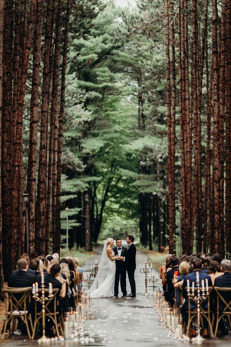 Sometimes, a venue doesn't need to be intensely decorated—especially when it's this beautiful! Juniper and Lace Events kept it simple and opted for well-placed candelabras to play up the majesty of this event's location. Woodland Wedding Ceremony, Wedding Aisles, Forest Wedding Ceremony, Aisle Decorations, Torch Lake, Woodsy Wedding, Aline Wedding Dress, Aisle Decor, Wedding Dresses Strapless