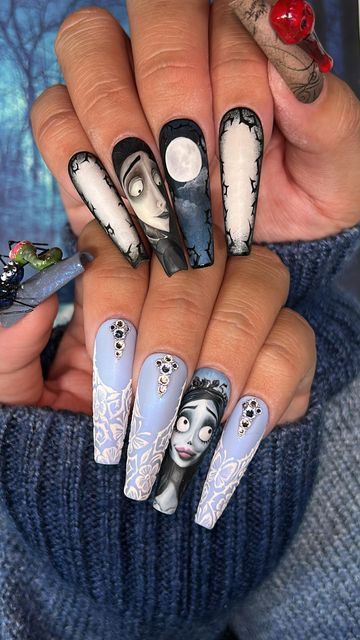 Horror Nail Art Designs, Emily Corpse Bride Nails, Halloween Blue Nails, Halloween Nails Corpse Bride, Corps Bride Nails, Corpse Bride Nail Designs, The Corpse Bride Nails, Corpse Bride Nails Acrylic, Corpse Nails