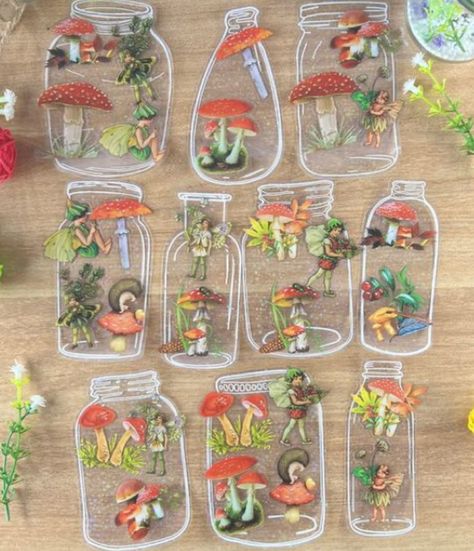 Aesthetic Transparent, Mushroom Stickers, Diy Leaf, Diy Jar, Fingerprint Art, Fairy Stickers, Jar Stickers, Washi Tape Crafts, Stickers Scrapbook