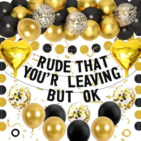 PRICES MAY VARY. Funny Retirement Party Set:1 x Black Gold Rude That You're Leaving But OK funny banner,30 x latex ballons(10 pcs black + 10 pcs gold +10 golden gonfetti Ballons),2pcs heart foil balloons,1 pcs ribbon,These goodbye decorations can easily highlights your party theme, readily impressing your guests Indoor Or Outdoor Retirement Balloons Decoration:Our latex ballons and heart foil balloons for Adult Party Decorations,can be matched with ribbons to hung onto ceiling, tree, wall, door, Retirement Decorations, Adult Party Decorations, Funny Banner, Goodbye Party, Retirement Party Decorations, Funny Retirement, Balloon Ribbon, Retirement Humor, Kids Gift Guide