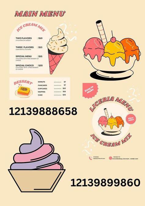 Logo Decals Bloxburg, Menu Logo, Pink House Interior, Decals Bloxburg, Ice Cream Pictures, Ice Cream Menu, Bloxburg Decals Codes Aesthetic, Preppy Decal, School Decal