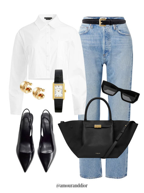 Denim Handbag Outfit, Slingback Pumps Outfit, Gold Pumps Outfit, Crop Top Shirt Outfits, Pumps Outfit, Dior Style, Denim Handbag, Cropped Button Down, Fashion Content