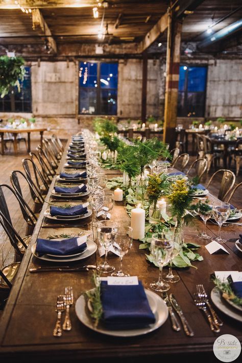 Navy Blue And Wood Wedding, Navy Linen Wedding Table, Navy Blue And Yellow Wedding Decorations, Rustic Industrial Wedding Decor, Midnight Blue Wedding Theme, Navy Boho Wedding, Navy Blue Rustic Wedding, Rustic Navy Blue Wedding, Rustic Industrial Wedding