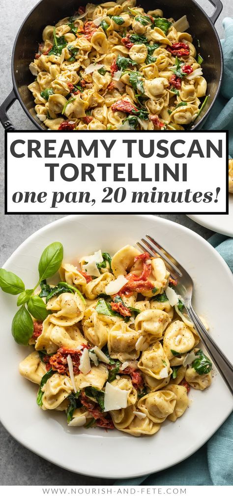 This creamy Tuscan tortellini is flavorful, quick, and super simple! One pan and 20 minutes transform store-bought tortellini into a gourmet meal with sun-dried tomatoes, spinach, garlic, and cream. Creamy Tuscan Tortellini, Tuscan Tortellini, Tortellini Recipe, Roasted Broccolini, Chicken Tortellini, Tortellini Recipes, Cheap Healthy Meals, Sun Dried Tomatoes, Cooking Together