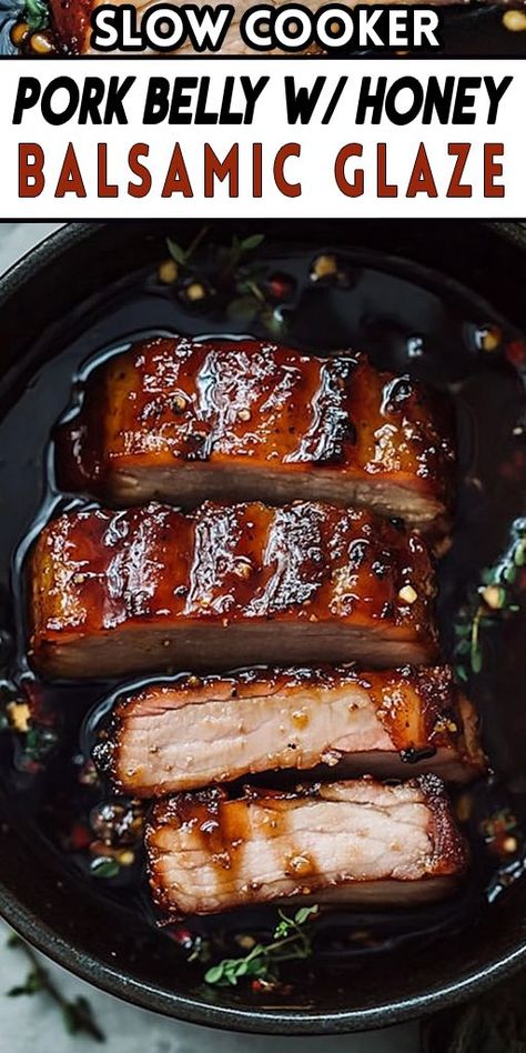 🐖🍯 Fall-apart tender Slow Cooker Pork Belly with a sweet honey balsamic glaze! This recipe is a delicious mix of savory and sweet, and it’s so easy to prepare. Just set it and let the slow cooker work its magic! Perfect for an impressive dinner or family gathering. 👌 👉 Pin this for your next dinner inspiration! #PorkBelly #SlowCookerRecipe #HoneyBalsamic #SavoryAndSweet #DinnerIdeas #FoodieFavorites Pork Belly Recipes Easy, Slow Cooker Pork Belly, Honey Balsamic Glaze, Balsamic Glaze Recipes, Slow Cooker Recipes Pork, Impressive Dinner, Balsamic Pork, Best Crockpot Recipes, Pork Belly Recipes