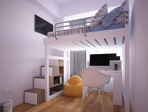 Loft Type Bedroom Design on Behance Loft Bed Studio, Loft Bed Dorm Room, Room Ideas Loft, Loft Bed Dorm, Loft Type Bedroom, Loft Beds For Kids, Lofted Dorm Beds, Loft Beds For Small Rooms, Apartemen Studio