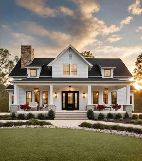 Cute House Design Exterior, Non White Farmhouse Exterior, Country House Exterior Farmhouse, Story And A Half House Exterior, Cute Cozy House Exterior, House Exterior Simple, Cute House Aesthetic, Pretty White House, Aesthetic House Exterior