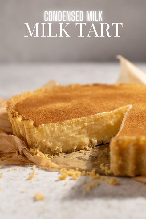 A milk tart on a white background. Milktart Recipe South Africa, Condensed Milk Custard, South African Milk Tart, Milk Tart Recipe, Condensed Milk Biscuits, Condensed Milk Recipes Easy, Milktart Recipe, Nice Biscuits, Pastry Cream Recipe