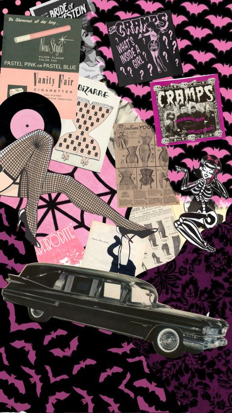 Pink and black Gothabilly #pinkandblack #gothabilly #50s #thecramps Gothabilly Wallpaper, Rockabilly Wallpaper, Rockabilly Aesthetic, The Cramps, Aphrodite, Pastel Blue, Pastel Pink, Pastel, Halloween