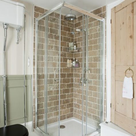 Shower cubicle with travertine tiles | Bathroom | period-style | modern country | bathroom makeover | ideal home Brick Tile Shower, Contemporary White Bathrooms, Modern Country Bathroom, Travertine Tile Bathroom, Glass Shower Wall, Shower Cubicle, Corner Shower Enclosures, Small Space Bathroom, Tiled Shower