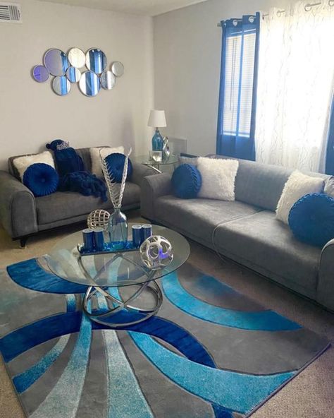 Blue And Grey House Decor, Color Schemes For Apartment, Purple And Grey Decor, Home Decor Ideas Blue And Grey, Blue Black And Grey Living Room, Royal Blue And Silver Living Room Ideas, Blue And Black Living Room Ideas, Living Color Scheme Ideas, Blue And Grey Living Room Color Scheme