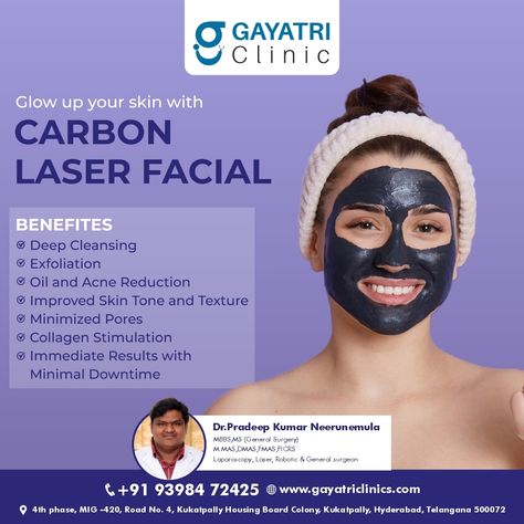 A carbon facial is a non-invasive cosmetic technique that involves the application of a carbon-based lotion with laser therapy. It is sometimes referred to as a charcoal facial or carbon laser peel. It has several advantages for the skin, such as: Deep Cleansing Exfoliation Oil and Acne Reduction Improved Skin Tone and Texture Minimized Pores Collagen Stimulation Immediate Results with Minimal Downtime . . . . Book an appointment :+917893350099, +919398472425 Visit our Clinic : 4th phase, MI... Carbon Laser Facial, Carbon Facial, Carbon Laser, Laser Peel, Laser Facial, General Surgery, Healing Hands, Laser Therapy, Improve Skin Tone