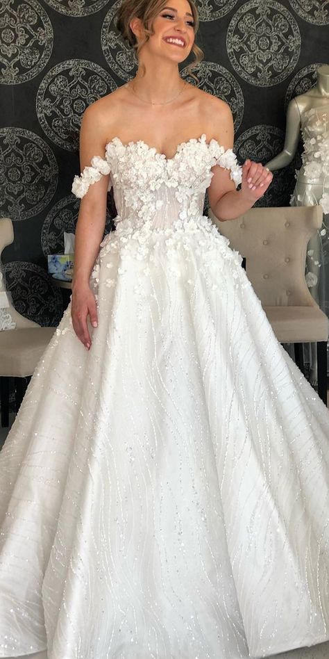 off the shoulder wedding dresses a line sweetheart with 3d floral norma and lili bridalcouture Off The Shoulder Flower Wedding Dress, Wedding Dresses With Floral Embroidery, Off Shoulder A Line Wedding Dress, 2 Way Wedding Gown, Off The Shoulder A Line Wedding Dress, Wedding Dresses A Line Sweetheart, Crinoline Wedding Dress, Wedding Dress Flowers, Off Shoulder Wedding Gown