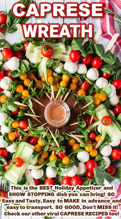 This Caprese Wreath is a staple and easy Holiday appetizer that's a show stopper every time. So easy to put together with no cooking required, yet so festive! Bring on the flavors of Caprese Salad in a fun, shareable and delicious wreath. Caprese Wreath Appetizer, Caprese Salad Wreath, Caprese Wreath, Caprese Recipe, Best Holiday Appetizers, Traditional Holiday Recipes, Christmas Drinks Recipes, Caprese Recipes, Holiday Appetizers Easy