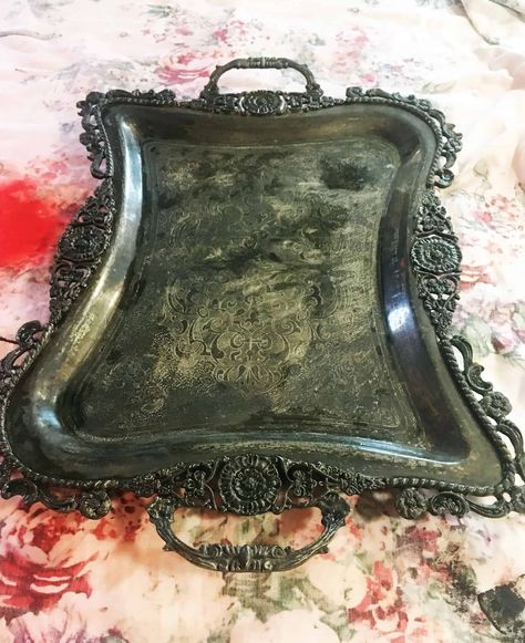 Metal Trays Repurpose, Decoupage Wooden Tray, Silver Platters Repurpose Diy, Silver Plated Trays Repurposed, What To Do With Silver Plated Trays, Silver Tray Makeover, Decorating With Silver Pieces, Metal Tray Makeover, Silver Tray Repurpose