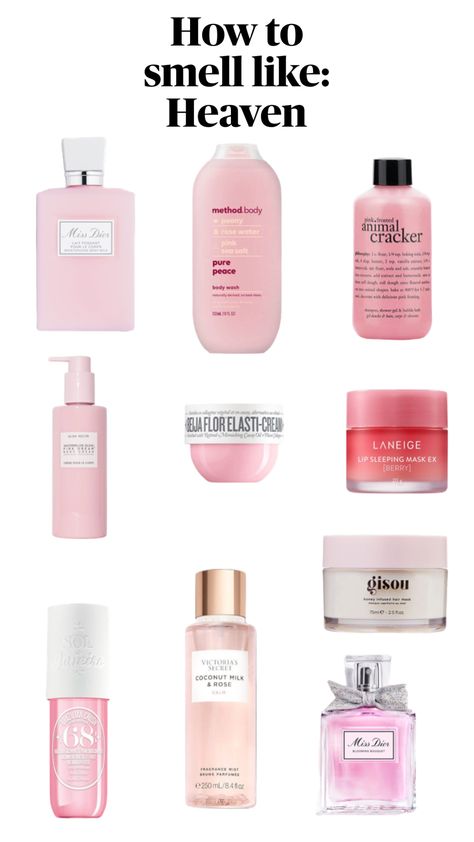 #beauty #heaven #smellgood Pretty Beauty Products, How To Smell Like Rose Water, How To Smell Heavenly, Lotion That Smells Amazing, Pink Hair Care Products, How To Smell Like Heaven, How Do You Smell So Good, Pink Amazon Finds, Girly Items