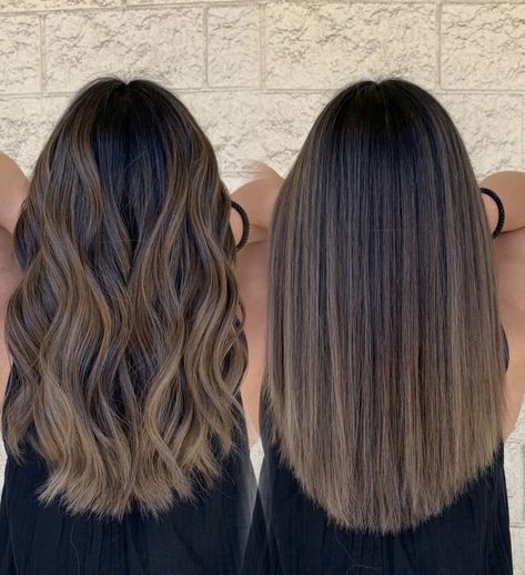 Highlights For Straight Hair Brown, Highlights Brown Hair Low Maintenance, Brown Hair Foilyage, Straight Dark Balayage, Dimensional Brunette Balayage Short Hair, Haircuts With No Layers, Brown Hair With Highlights At The Ends, Dark Brown Ash Blonde Balayage, Smokey Mushroom Brown Hair