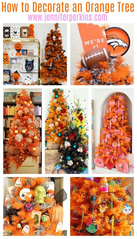 Orange Christmas trees are more diverse than you might guess. They look amazing at Christmas, Halloween, Valentines & even Your Super Bowl Party! #jenniferperkins #halloweencrafts #halloweencraftideas #halloweendecorations #orangetree Fall Christmas Tree, Orange Christmas Tree, Holiday Crafts Decorations, Halloween Valentines, Peach Orange Color, Valentine Tree, Orange Christmas, Super Bowl Party, Halloween Orange