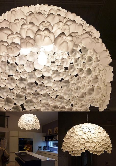 310 Plastic bottles recycled into ceiling pendant lamp #Lamp, #Light, #PlasticBottles, #Recycled Bottle Chandelier, Reuse Plastic Bottles, Plastic Bottle Art, Diy Lampe, Plastic Lights, Ways To Recycle, Plastic Bottle Crafts, Pendant Ceiling Lamp, Old Bottles