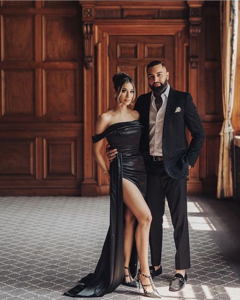 Elegant Couple Photoshoot Classy Engagement Pics, Stylish Couple Classy, Formal Couple Poses, Power Couple Poses, All Black Engagement Photos, Formal Engagement Photos Classy, Classy Couple Photoshoot, Power Couple Photoshoot, Mob Aesthetic