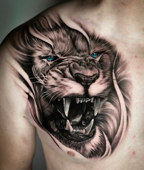 Lion Chest Tattoo Men, Chest Lion Tattoo, Lion Cover Up Tattoo, Lion Tattoo Realistic, Lion Tattoo Chest, Lion Tattoo Men, Leones Tattoo, Lion Tattoo For Men, Tattoo Chest And Shoulder