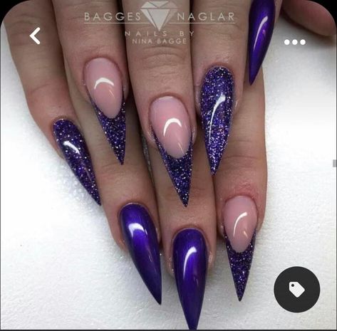 Purple Stilleto Nails Designs, Pointy Gel Nails, Purple Stiletto Nails Design, Purple Goth Nails, Blinged Nails, Bulldog Nails, Purple Stiletto Nails, Pointy Nail Designs, Nails June