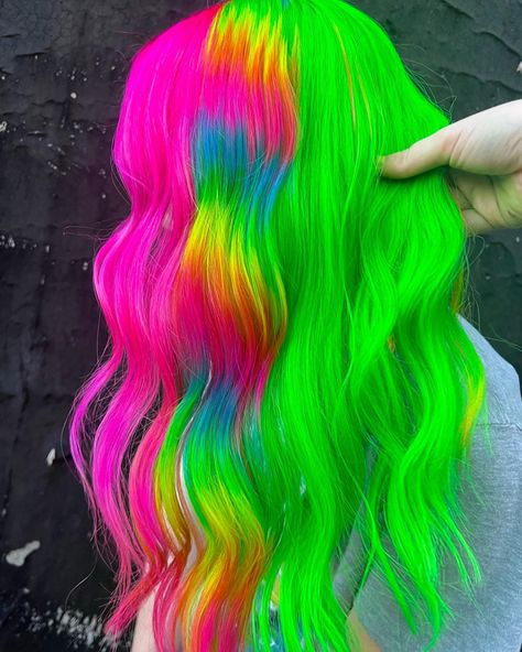 Glitch Hair Color, Danger Jones Hair Color, Crazy Hair Dye, Fantasy Hair Color Ideas, Neon Rainbow Hair, Vivid Hair Color Ideas, Rainbow Hair Ideas, Prism Hair, Neon Highlights