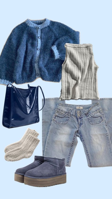 Cold Temperature Outfits, Light Jeans Winter Outfit, Navy Blue Winter Outfit, Denim Jacket Winter Outfit, Navy Blue Outfit Aesthetic, Blue Winter Outfits, Cold Outfits Winter, Blue And Brown Outfit, California Winter Outfits