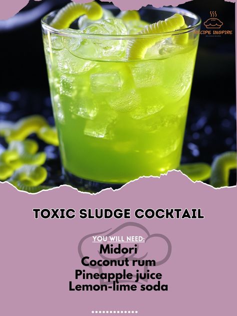 💀 Dare to sip the Toxic Sludge Cocktail? A ghastly green drink that's perfect for Halloween mayhem! 🍸👻 #ToxicSludgeCocktail #SpookySips Toxic Sludge Cocktail Ingredients: Midori (1 oz) Coconut rum (1 oz) Pineapple juice (2 oz) Lemon-lime soda (1 oz) Green gummy worms (for garnish) Ice Instructions: Mix Midori, coconut rum, and pineapple juice in a shaker with ice. Strain into a glass and top with lemon-lime soda. Garnish with green gummy worms. 👻💚 This oozy, green concoction is perfect fo... Green Goblin Drink, Extravagant Cocktails, Bartender Ideas, Rum And Pineapple Juice, Alc Drinks, Midori Drinks, Cocktail Contest, Green Drink, Party Drinks Alcohol