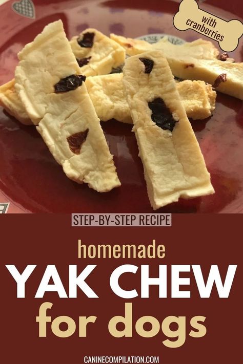 This yak chew for dogs recipe has only 2 essential ingredients and it’s not complicated to make. It takes a little while to dry out, but once it’s finished, you’ll have a fantastic Himalayan dog chew for a fraction of the store price, plus your dog will adore you for it! You can make it softer then the store bought ones if your dog prefers something a little less like a rock! Homemade Yak Chew with optional cranberries nutritional boost for dogs - Step-by-step photo recipe. Pet Treats Recipes, Dog Treats Homemade Easy, Easy Dog Treat Recipes, Natural Dog Chews, Easy Dog Treats, Healthy Dog Treats Homemade, Dog Diy, Dog Treats Homemade Recipes, Diy Dog Treats