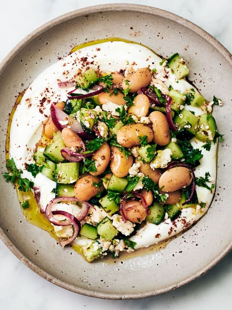 Butter Bean Salad with Feta - Evergreen Kitchen Vegetarian Dinner Party Recipes, Beans Healthy Recipes, Butter Bean Salad, Evergreen Kitchen, Sumac Onions, Mediterranean Lunch, Arabisk Mad, Pasti Fit, Salad With Feta