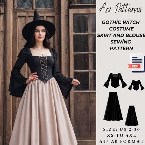 Halloween Dress Pattern, Gothic Witch Costume Dress Pattern,Fantasy Dress, Halloween Dress Sewing Pattern Skirt and Blouse  Available as an instant download (pdf) sewing pattern bundle with a range of size options, including plus sizes ⭐US Sizes: 2, 4, 6, 8, 10, 12, 14, 16, 18, 20, 22, 24, 26, 28, 30 ⭐Standard Sizes: XS, S, M, L, XL, 2XL, 3XL, 4XL ⭐These patterns are suitable for A4, A0, and US Letter size papers. ⭐Once your payment is processed, you will automatically receive download links for the pattern files. Please note that you can only download the files from a computer; they will not work on a phone or iPad. ⭐This is a digital product. You will receive zip files containing the patterns and sewing instructions. ⭐Due to the nature of digital downloads, no refund, return, or exchange Sewing Witch Costume, Gothic Dress Sewing Patterns, Witch Skirt Pattern, Fantasy Dress Sewing Pattern, Fantasy Sewing Patterns Free, Witch Sewing Pattern, Elegant Witch Costume, Goth Sewing Patterns Free, Fantasy Sewing Patterns