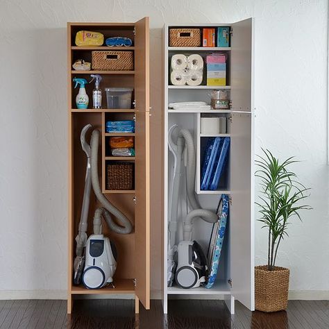 Cleaning Tools Organization, Cleaning Tools Storage, Vacuum Cleaner Storage, Laundry Cupboard, Modern Wood Kitchen, Stacked Laundry Room, Laundry Room Ideas Small Space, Laundry Room Cabinets, Laundry Room Diy