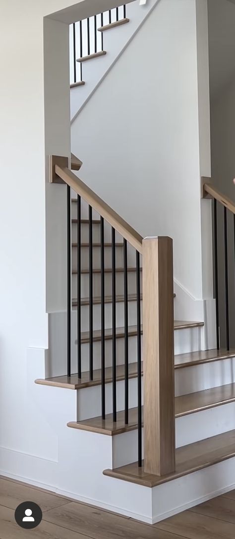 Semi Open Staircase, Half Stair Railing, Partial Open Staircase Ideas, Stairs Going Down, Partial Stair Railing Ideas, Stairs Behind Couch, Staircase Placement Ideas, Staircase Post Ideas, Modern Upstairs Hallway