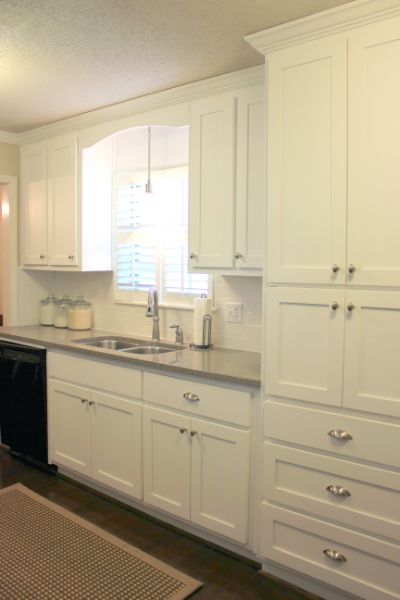 Built In Microwave Cabinet, Luxury White Kitchen Design, Luxury White Kitchen, Galley Kitchen Design, Galley Kitchen Remodel, Galley Kitchens, White Appliances, Kitchen Remodel Before And After, New Kitchen Cabinets