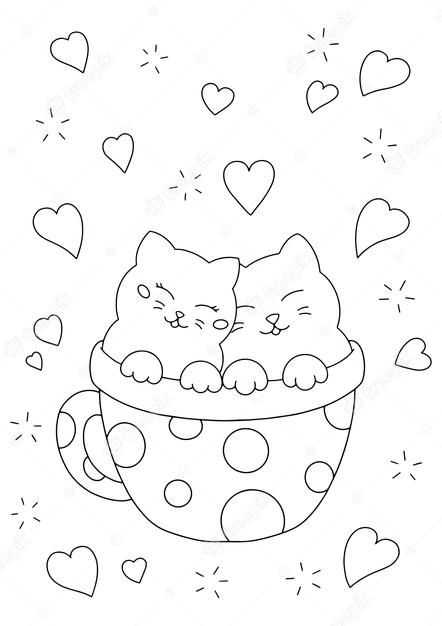 Cute Coloring Pages For Couples, Cartoon Style Character, Wallpaper Gatos, Coloring Therapy, Valentine Art Projects, Valentines Day Drawing, Valentines Day Cat, Valentines Day Coloring Page, Shark Coloring Pages