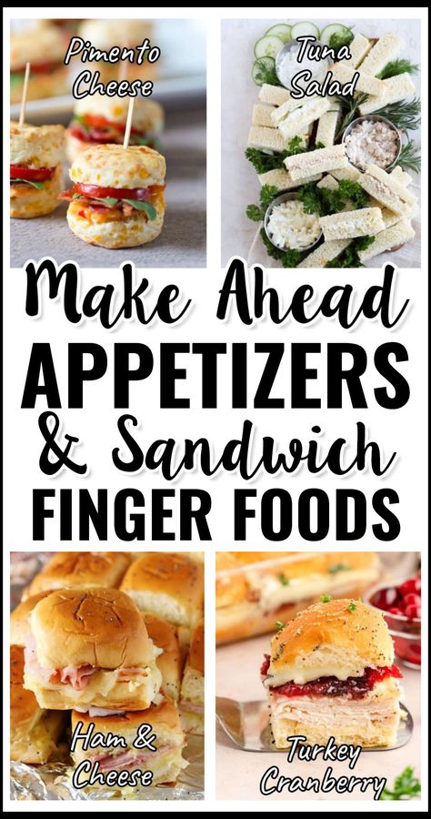 easy appetizers finger foods and snacks for a crowd - make Ahead Appetizers Sandwich Finger Foods to feed a party crowd cheap quick simple inexpensive Sandwich Recipes For Tea Party, Party Handheld Foods, Potluck Individual Servings, Easy Party Trays Simple, Light Finger Foods For Party, Finger Foods For Bridal Shower Simple, Easy Brunch Snacks Appetizers, 3 Ingredient Finger Foods, Cream Cheese Finger Sandwiches