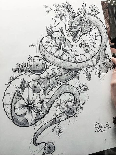 Tattoo Art Ideas, Shen Long Tattoo, Dbz Tattoo, Dragon Sleeve, Z Tattoo, Dragon Sleeve Tattoos, Dragon Ball Tattoo, Manga Tattoo, Naruto Tattoo