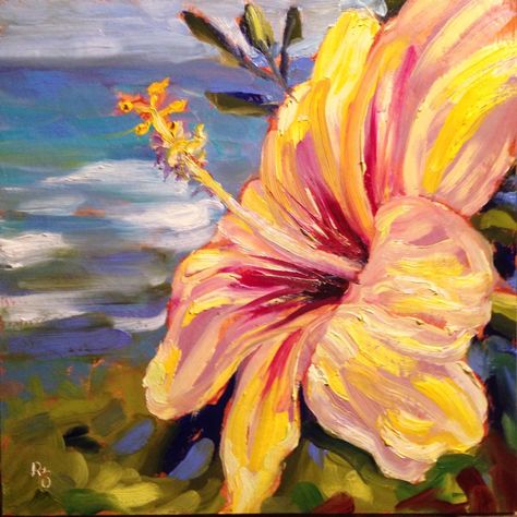 Pua Aloalo (Yellow Hibiscus) 12" x 12" oil on 1.5" cradled panel Hawaii, Hawaiian, floral, seascape, painting, Ronald Lee Oliver RLOArtist Hibiscus Oil Painting, Hibiscus Flower Acrylic Painting, Tropical Flower Art, Hawaii Flower Painting, Hibiscus Paintings, Hawaiian Flower Painting, Tropical Flowers Painting, Tropical Flower Painting, Hibiscus Flower Painting