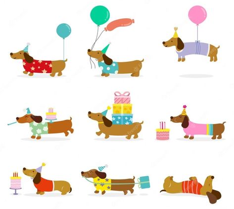 Dachshund Party, Arte Dachshund, Dachshund Cartoon, Paw Print Art, Dachshund Birthday, Animal Line Drawings, Dachshund Illustration, Dachshund Pattern, Tenth Birthday