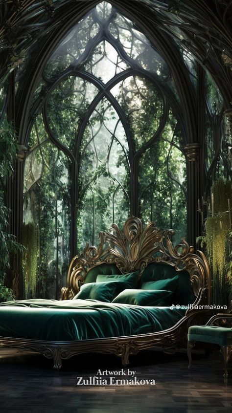 Elven Bedroom, Gothic Bedrooms, Goth Castle, Fantasy Tower, Fantasy Places Art, Witchy Cottage, Fairytale Life, Dream House Aesthetic, Castle Bedroom