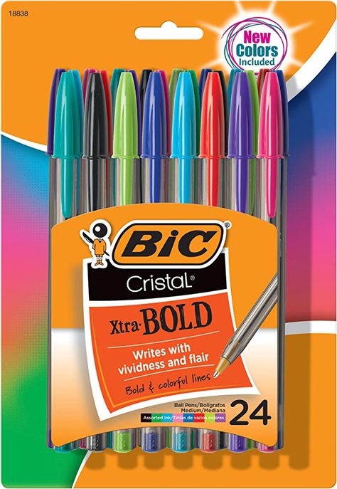 BIC Cristal Xtra Bold Fashion Ballpoint Pen, Bold Point (1.6mm), Assorted Colors, 24-Count (MSBAPP241-A-AST) Bic Ballpoint Pen, Best Fountain Pen, Bic Pens, Crystal Pen, Writing Lists, New Pen, Stabilo Boss, Pen Design, Pointed Pen