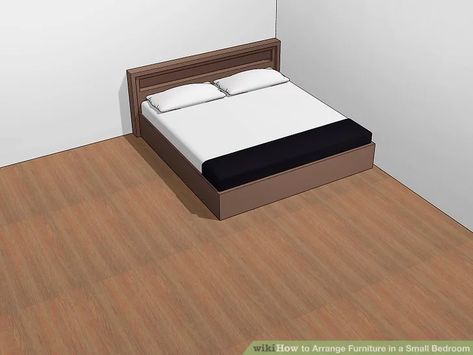 4 Easy Ways to Arrange Furniture in a Small Bedroom - wikiHow Queen Bed Against Wall Small Room, Queen Bed In A Small Room, Small Room Arrangement Ideas Bedroom, Corner Bed Ideas Queen Small Room, Arranging Furniture In Small Bedroom, Small Bedroom Layout With King Size Bed, Small Bedroom Layout Ideas Cozy, Awkward Room Layout Ideas Bedroom, Queen Beds For Small Rooms