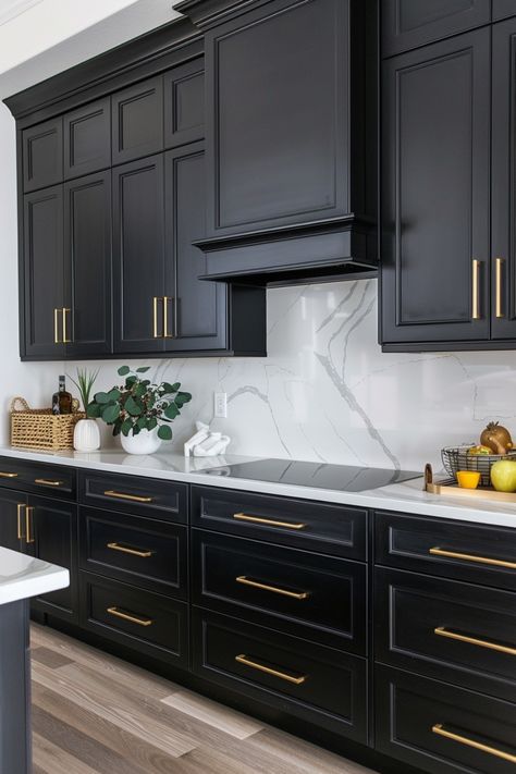 Black kitchen cabinets create a dramatic and elegant ambiance. Get inspired here. Black Cabinets With White Marble Countertops, Black Dark Wood Kitchen, Black Kitchen Cabinet Color Ideas, Black Kitchen Cabinets White Backsplash, Kitchen With Black And Wood Cabinets, Gold Hardware Black Cabinets, Simple Black Kitchen Cabinets, Black Kitchen Cabinets Marble Countertop, Black Backsplash Black Cabinets