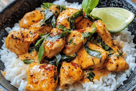 Enjoy the bold flavors of Spiced Coconut Basil Chicken with fragrant rice, a perfect blend of spices and creamy coconut milk. Spiced Coconut Basil Chicken With Rice, Coconut Basil Chicken, Spiced Coconut Basil Chicken, Coconut Chicken Salad, Coconut Dishes, Chicken Curry With Rice, Basil Chicken Recipe, Curry Chicken And Rice, Thai Basil Chicken