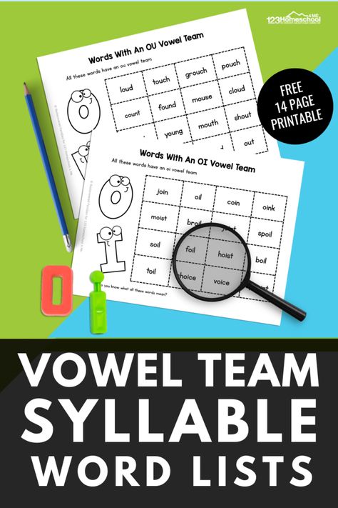 Ignite reading excitement with our FREE printable vowel team worksheets! These vowel team word list pages are a fabulous resource for teachers and parents who are working on vowel team syllable in phonics. There are over 220 vowel team words, each conveniently arranged by type. Use these  vowel team word list with kindergarten, first grade, and 2nd grade students! Vowel Teams Games, Vowel Team Worksheets Free Printable, Vowel Team Games, Vowel Team Worksheets, Vowel Teams Activities, Vowel Teams Worksheets, Teaching Syllables, Vowel Team Words, Teaching Vowels