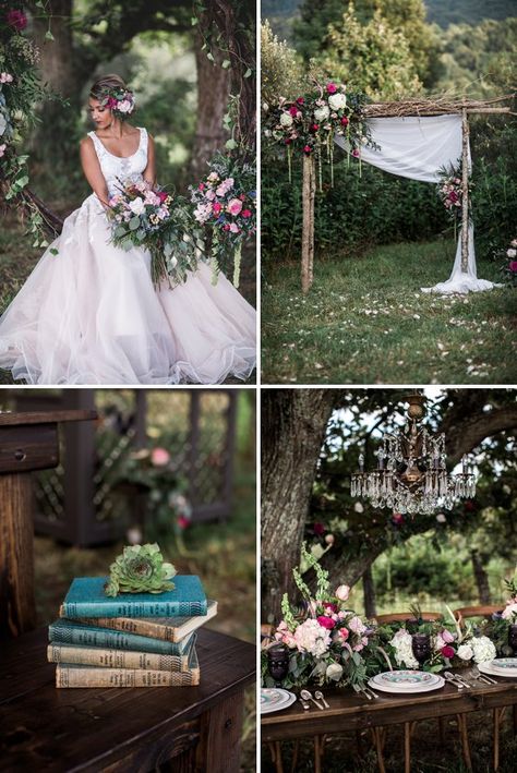 Enchanted Garden Fairytale Wedding Inspiration - A PRINCESS INSPIRED BLOG | Blush and Dark Pink Wedding Decor with Magical Wedding Lights Fairy Garden Ideas Enchanted Forest Fairytale Woodland Wedding, Enchanted Forest Indian Wedding, Enchanted Forest Gown Pink, Fairytail Wedding, Enchanted Guest Book, Enchanted Forest Wedding Signs, Enchanted Forrest Wedding, Cottage Core Wedding, Fairy Tail Wedding