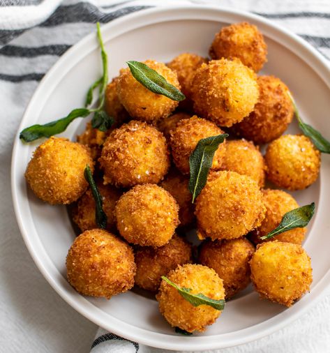 Fried Pumpkin Goat Cheese Balls | Carolyn's Cooking Pumpkin Canapes, Cheese Pumpkin Ball, Pumpkin Cheese Ball Appetizer, Fried Buffalo Goat Cheese Balls Half Baked Harvest, Autumn Cheese Ball, Pumpkin Flavored Cheese Ball, Easy Fall Appetizers, Autumn Appetizers, Pumpkin Goat Cheese