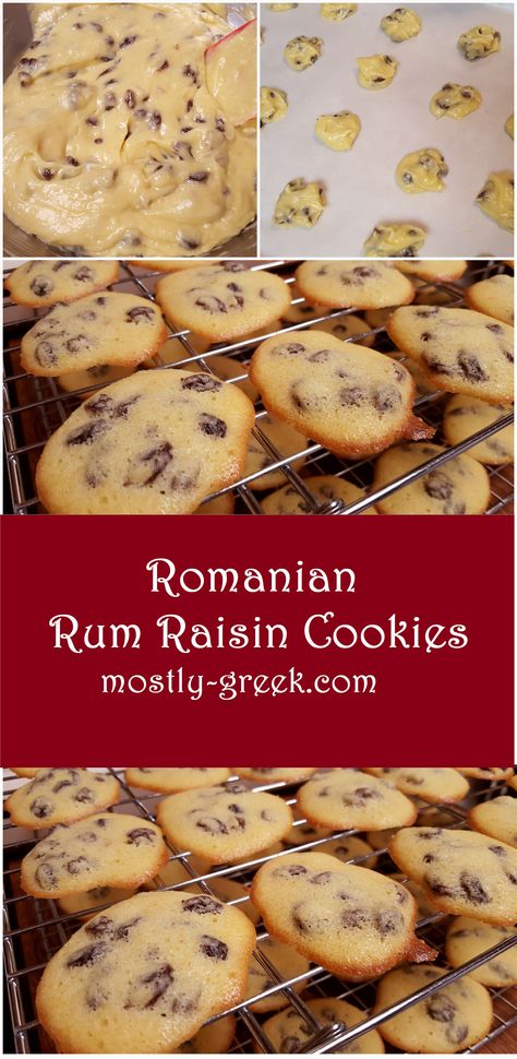 These delicious treats are easy to make and even easier to eat! A traditional favorite in Romania, they are perfect for the holidays, or any time of the year. #mostlygreek #cookies #easyrecipe #dessert #romanianfood #cookierecipe International Cookies Around The Worlds, Romanian Cookies, Bake Sale Cookies, Romanian Cuisine, Traditional Cookies, Romanian Desserts, Raisin Recipes, Afternoon Tea Recipes, Christmas Baking Recipes