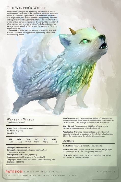 Winter Fey Dnd, Feywild Animals, Fey Animals Dnd, Small Fey Creatures, Cute Dnd Familiars, Dnd Winter Creatures, Dnd Homebrew Creature, Dnd Monsters Cute, Dnd Homebrew Companions